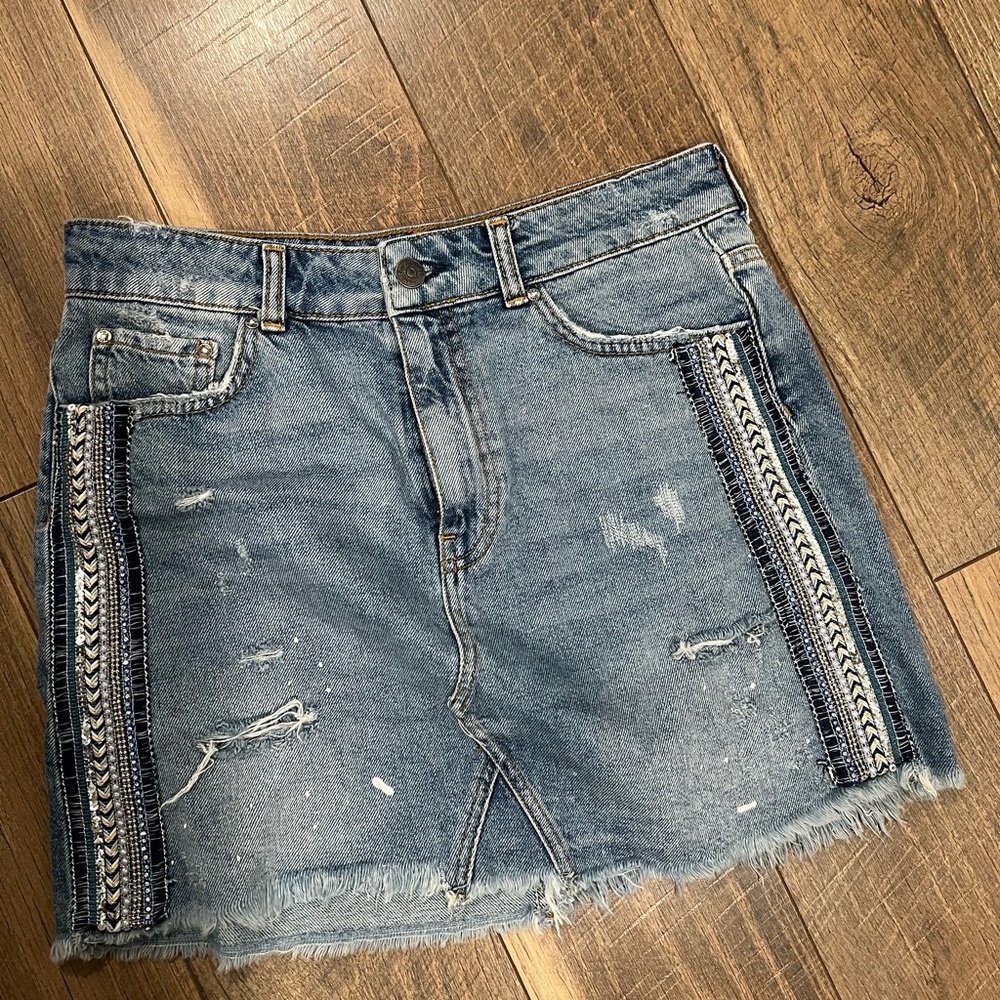 Free People Blue Denim Mini Skirt with Embellishments
